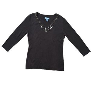 Classic Elements Jeweled Women's Black Sweater Top Beaded V Neckline Size M